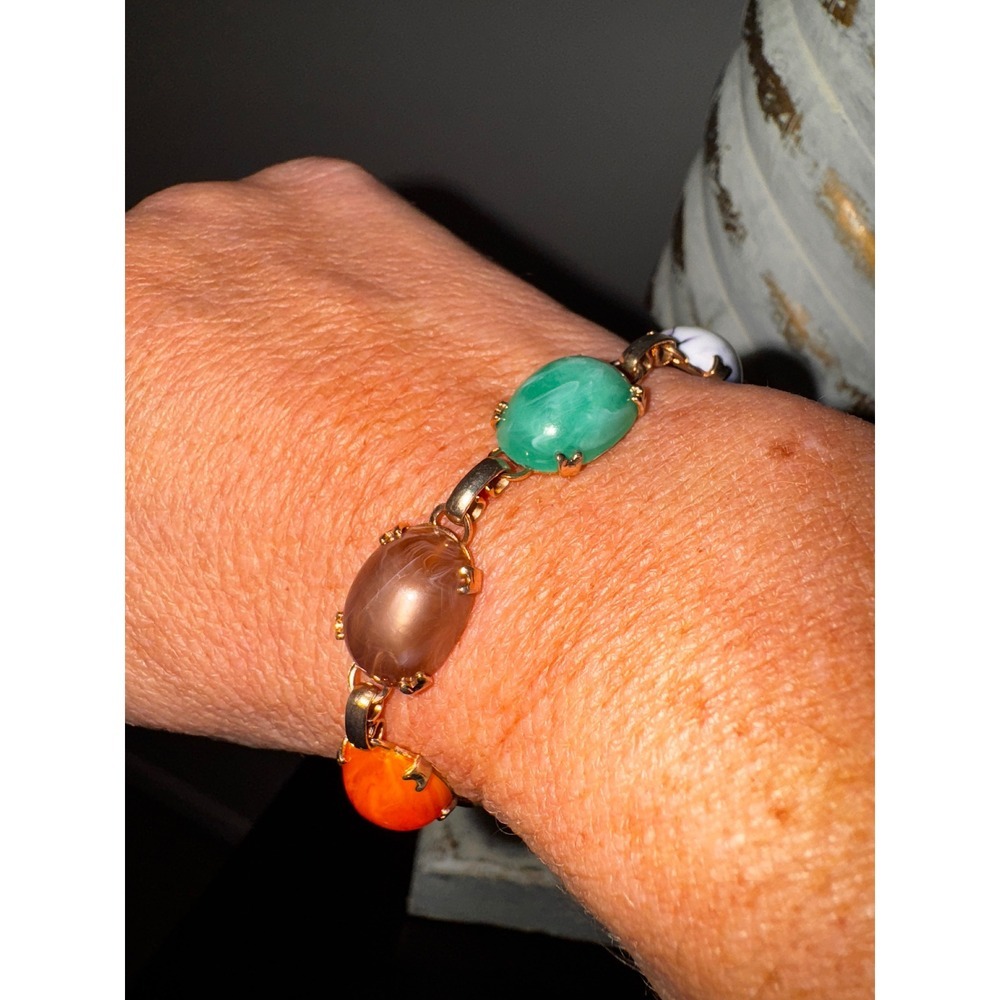 Multicolor Gemstone Link Bracelet Gold Tone Statement Boho Chic